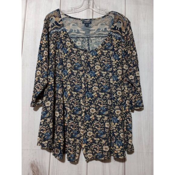 Lucky Brand Shirt Ladies 2x Navy Tan Floral 3/4 Sleeve Scoop Neck Brass Button F - Picture 1 of 8